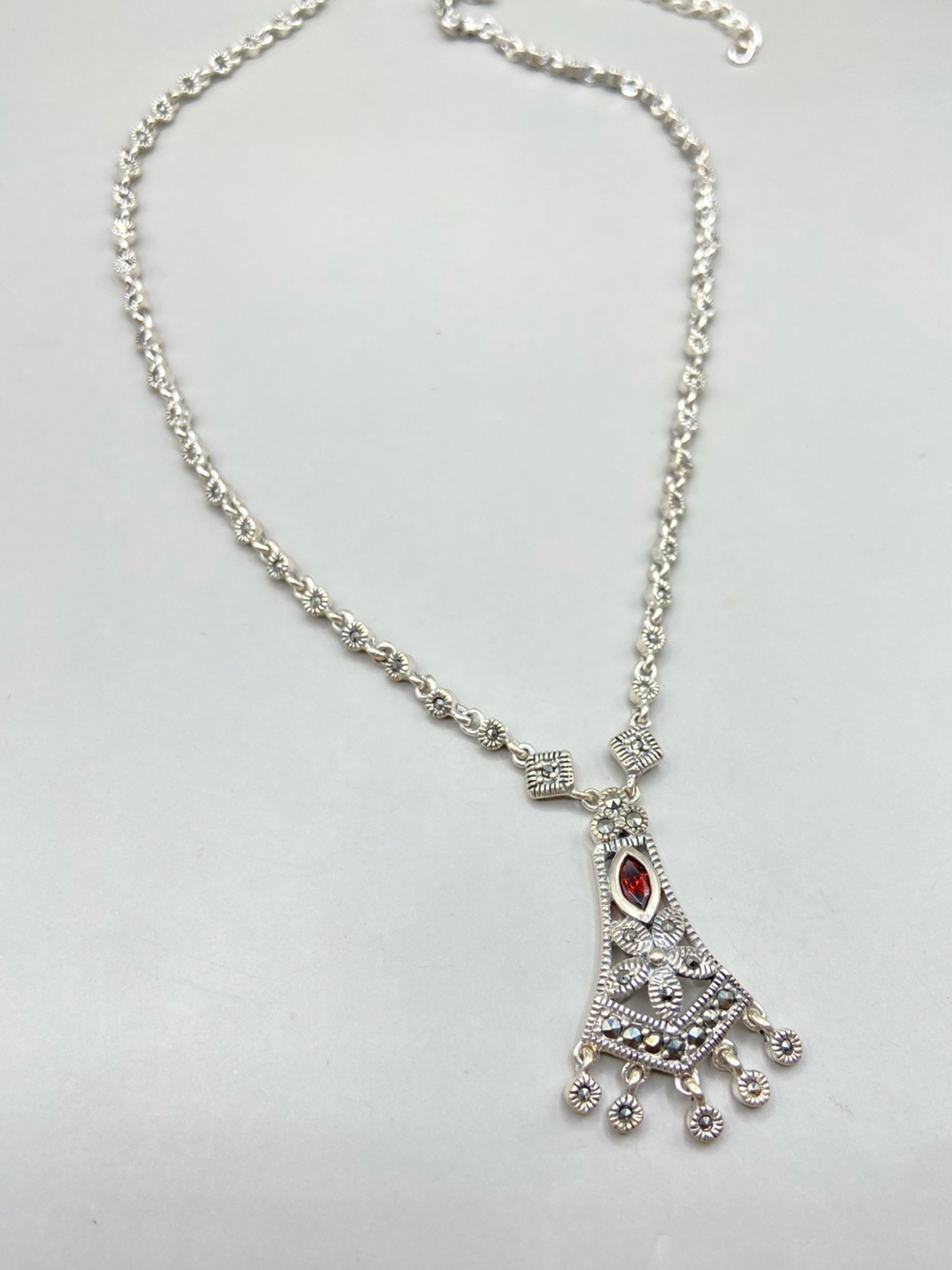 Vintage Sterling Silver Marcasite Red Gemstone Chandelier Necklace